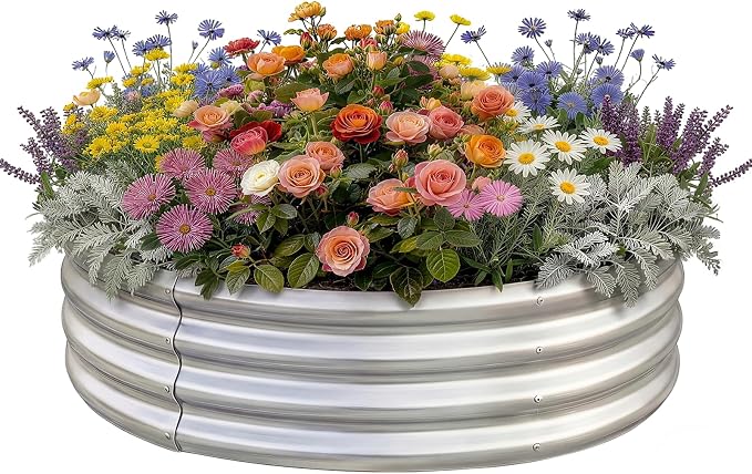 Land Guard 3×3×1ft Galvanized Raised Garden Bed Kit, Round Galvanized Planter Raised Garden Boxes Outdoor, Large Metal Raised Garden Beds for Vegetables, Silver