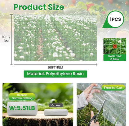 Garden Netting, 10x50Ft Thicken Ultra Fine Mesh Insect Netting, Garden Netting for Raised Beds, Greenhouse Row Cover Barrier for Birds Animals, Garden Mesh Netting for Vegetable Flowers Fruits