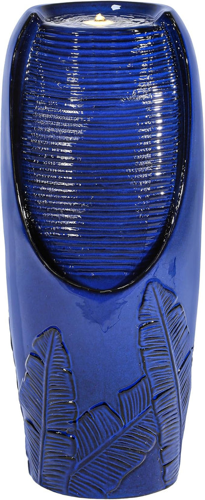 Autodaya 33" H Ceramic Jar Outdoor Water Fountain with Lights, Cobalt Blue | Natural Charm Water Feature with 3D Tropical Leaf Pattern, Soothing Cascading Waterfall for Peaceful Garden Patio Yard Porch