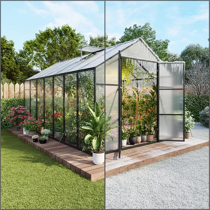 8x14 FT Greenhouse, Walk-in Heavy Duty Polycarbonate Outdoor Greenhouses with Raised Base & Anchor, Height-Enhanced Aluminum Frame, & Drainage System for Backyard All Season Growing, Black