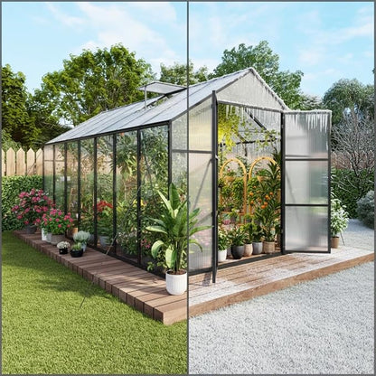 8x14 FT Greenhouse, Walk-in Heavy Duty Polycarbonate Outdoor Greenhouses with Raised Base & Anchor, Height-Enhanced Aluminum Frame, & Drainage System for Backyard All Season Growing, Black