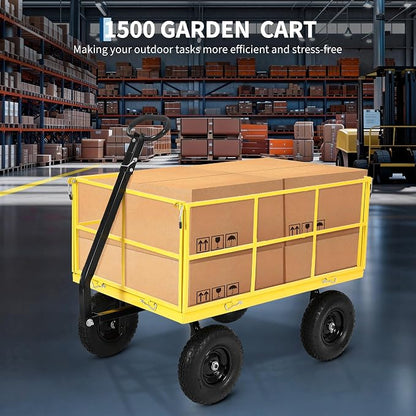Heavy Duty 1500 Lbs Capacity Mesh Steel Garden Cart Folding Utility Wagon with Removable Sides, Garden Cart on Wheels for Gardening Soil, Tools, and Plant Transport