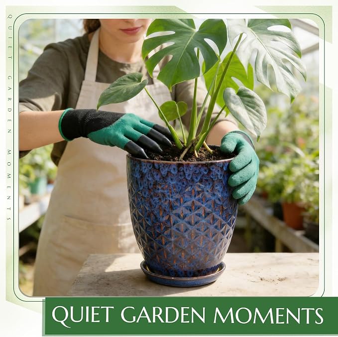 11.8 Inch Flower Pots for Indoor Plants,Ceramic Planter with Saucer Drainage Leak-Proof Mesh Gardening Gloves (Peacock-Blue)