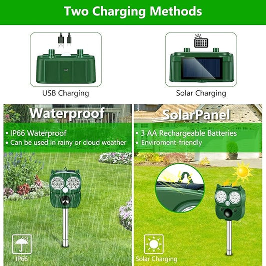Solar Animal Repeller, Ultrasonic Repellent, Motion Detection, LED Flashing Light, Dog, Cat Repellent, Squirrel, Raccoon, Skunk, Rabbit, Rodent, Fox, Deer, etc.