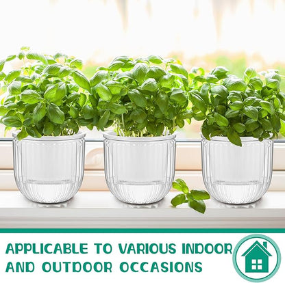 Meanplan 4 Pcs Self Watering Hanging Planter Indoor 6.5 Inch Hanging Baskets for Plants Outdoor Plastic Flower Pot with 3 Hooks Chains Drainage Holes for Garden Home, Medium Size(Clear)