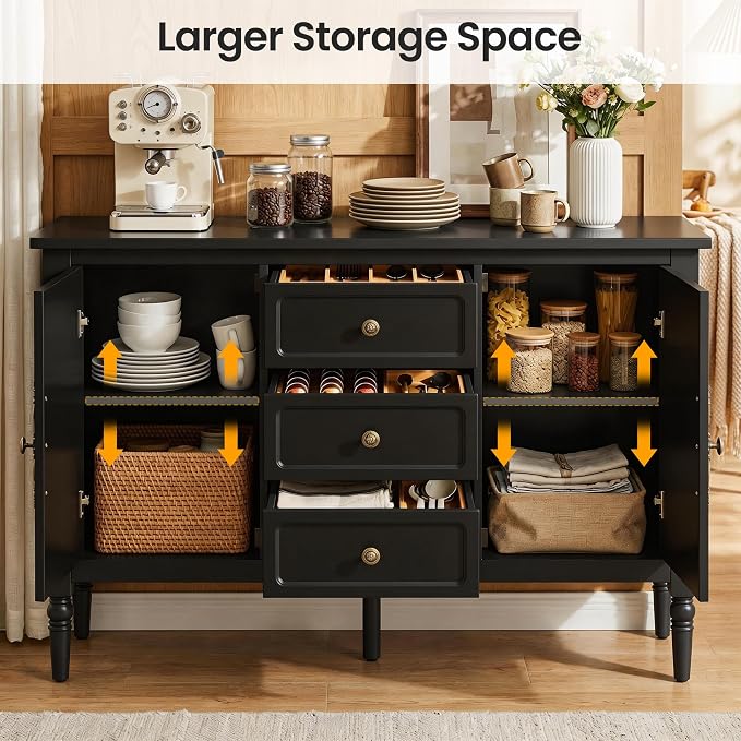 RoyalCraft Buffet Cabinet with 2 Doors & 3 Drawers, Vintage Sideboard with Storage, Painted Coffee Bar Table with Solid Wood Legs, Ideal for Kitchen, Living Room, Dining Room, Black