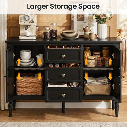 RoyalCraft Buffet Cabinet with 2 Doors & 3 Drawers, Vintage Sideboard with Storage, Painted Coffee Bar Table with Solid Wood Legs, Ideal for Kitchen, Living Room, Dining Room, Black