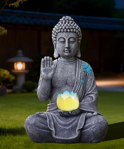 Nacome Solar Buddha Garden Statue Decor: Sitting Resin Figurine with Lotus Flower Light Zen Sculpture for Patio Lawn Yard Porch Balcony Meditation Space - 10.6 inches(Grey)