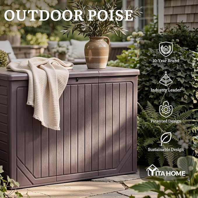YITAHOME XXL 230 Gallon Extra Large Outdoor Deck Box | Lockable Resin Double-Wall Storage Box and Waterproof Patio Furniture Bin for Garden Tools & Pool Accessories, Brown