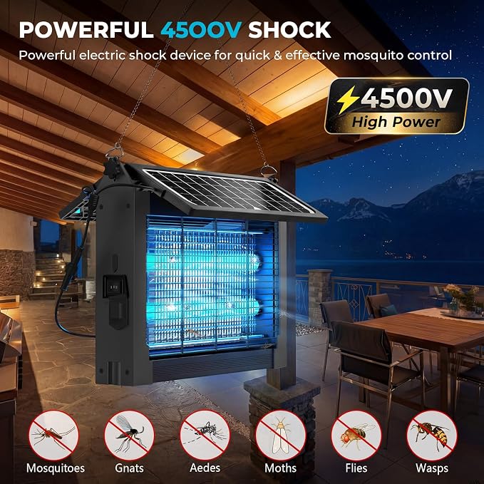 Upgraded Solar Bug Zapper Outdoor with Dual Panels, 4500V Cordless Rechargeable Fly Insect Killer Waterproof Electric Mosquitoes Zapper for Patio Garden Backyard RV Camping Pond