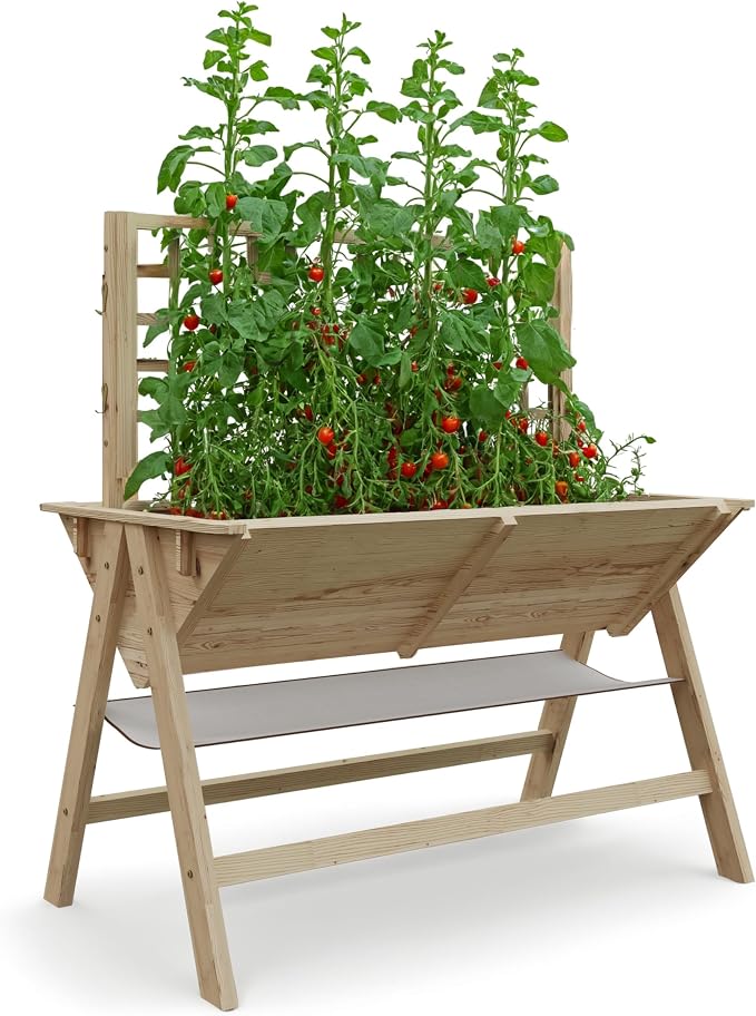 GarveeHome 52x30x54 in Raised Garden Bed with Legs, Elevated Wooden Raised Planter Box with Vine Climbing Trellis Outdoor Standing Growing Bed for Growing Vegetables Flowers Herbs