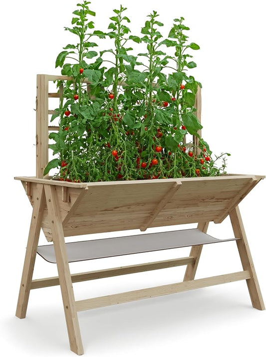 GarveeHome 52x30x54 in Raised Garden Bed with Legs, Elevated Wooden Raised Planter Box with Vine Climbing Trellis Outdoor Standing Growing Bed for Growing Vegetables Flowers Herbs