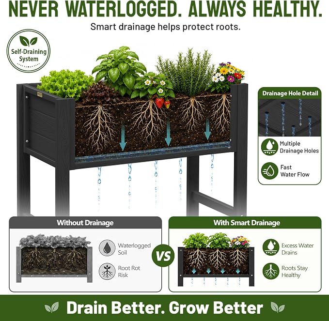 YEFU Raised Garden Bed with Legs: Compact Waterproof HDPS Outdoor Elevated Planter Box with Drainage Holes - 34x18x30 Inch for Patio/Balcony to Grow Vegetables/Herbs - 385 lbs Capacity, Black