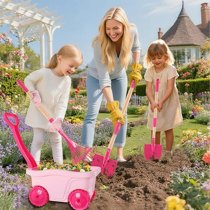 Kids Gardening Tools Set – 7pcs Wheelbarrow Set with Shovel, Rake, Pink | Shovel, Rake, Lawn Digging & Weeding, Summer Outdoor Yard Toy for Age 2 3+, Easter & Birthday Gift for Boys Girls