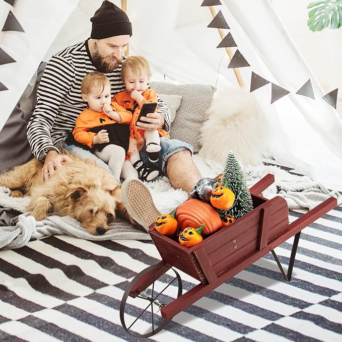 Wooden Wagon Planter, 27.5"x10.5"x11.5" Wheelbarrow Cart Plant Pot with Halloween Decoration & Metal Supports, Single Wheel Movable Garden Flower Cart Planter for Yard, Backyard (Red)