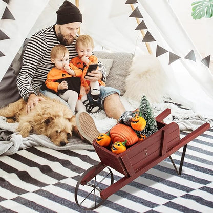 Wooden Wagon Planter, 27.5"x10.5"x11.5" Wheelbarrow Cart Plant Pot with Halloween Decoration & Metal Supports, Single Wheel Movable Garden Flower Cart Planter for Yard, Backyard (Red)