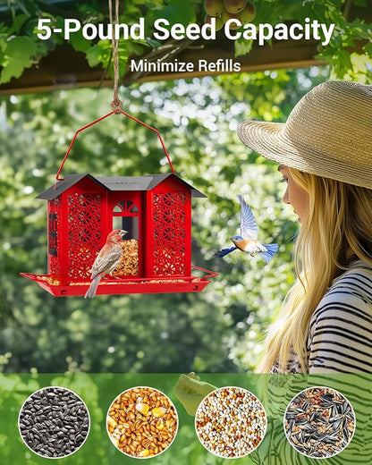 HouseSapp Bird Feeders for Outdoors, Metal Mesh Wild Bird Feeder with Triple Feeders for Finch Cardinal Chickadee, Large Capacity, Weatherproof and Durable, Red