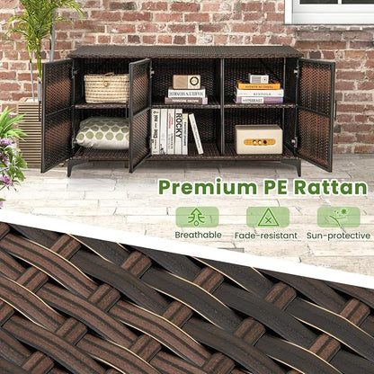 Giantex 84-Gallon Wicker Deck Box - Patio Storage Cabinet, 3-Door PE Rattan Storage Container with Removable Shelves, Indoor & Outdoor Package Box for Porch, Patio Furniture Cushions Tools (Brown)
