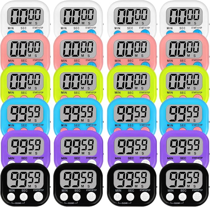 Lasubst Digital Classroom Timers for Teachers Kids School Supplies Bulk with Magnetic Back 24 Pack, Black White Pink Purple Blue Green