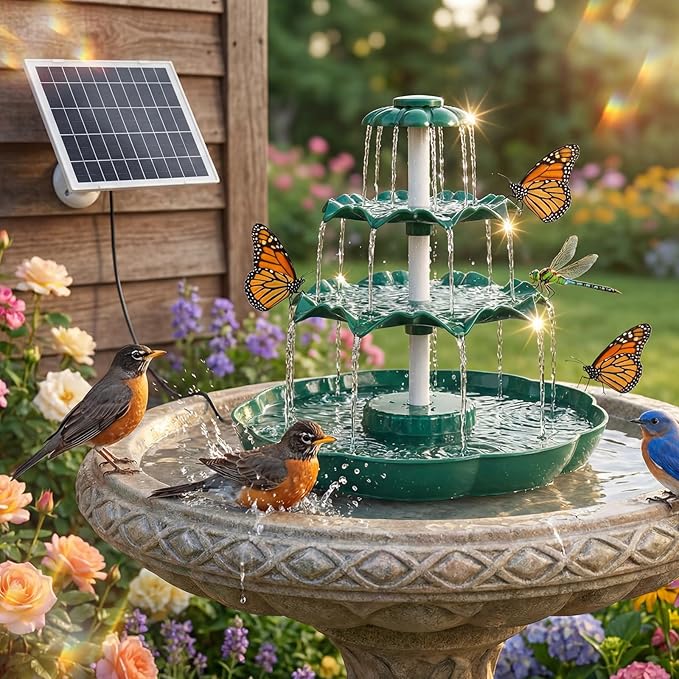AISITIN 6.5W Solar Bird Bath Fountain, 3-Tiered Waterfall, DIY Detachable Solar Fountain Pump & Adjustable Panel, Lightweight Resin Plastic for Garden, Outdoor Bird Feeder, Pond Decor