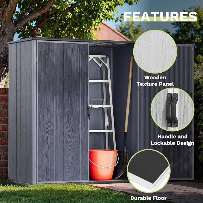 Devoko 5x3 FT Resin Storage Shed with Floor, Small Plastic Vertical Outdoor Cabinet with Lockable Door, Waterproof Tool Garden Shed for Backyard Patio Lawn, Dark Gray