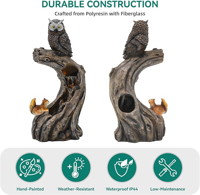 32" H Owl Tree Trunk Outdoor Fountain with Warm LED Lights | Forest Style 4-Tiers Water Feature with Soothing Cascading Waterfall for Patio, Backyard, Garden or Porch