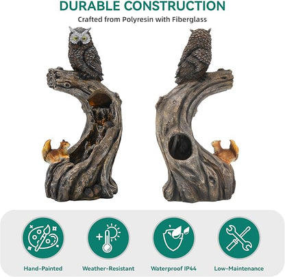 32" H Owl Tree Trunk Outdoor Fountain with Warm LED Lights | Forest Style 4-Tiers Water Feature with Soothing Cascading Waterfall for Patio, Backyard, Garden or Porch