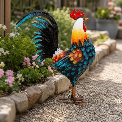 32" Majestic Metal Rooster Yard Decor, Large Outdoor Garden Statue | Outdoor Chicken Sculpture, 3D Hand-Painted, Rustic Farmhouse Style, Weather Resistant Iron, Backyard Patio Lawn Garden