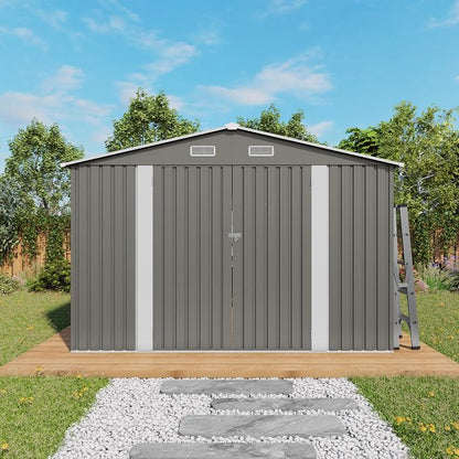 10x12FT Outdoor Storage Shed,Waterproof Large Metal Garden Shed with Double Door and Two Translucent Windows,Vents,Tool Shed for Backyard Patio Lawn Poolside,Gray