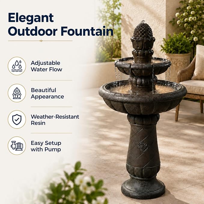 Teamson Home Deluxe Pineapple Pedestal 2 Tiered Floor Waterfall Fountain with Pump for Outdoor Patio Garden Backyard Decking, 39 Inch Height, Iron Gray | Waterfall Fountain with Pump, Garden Patio Yard Décor, Durable Polyresin, Weatherproof, Iron Gray
