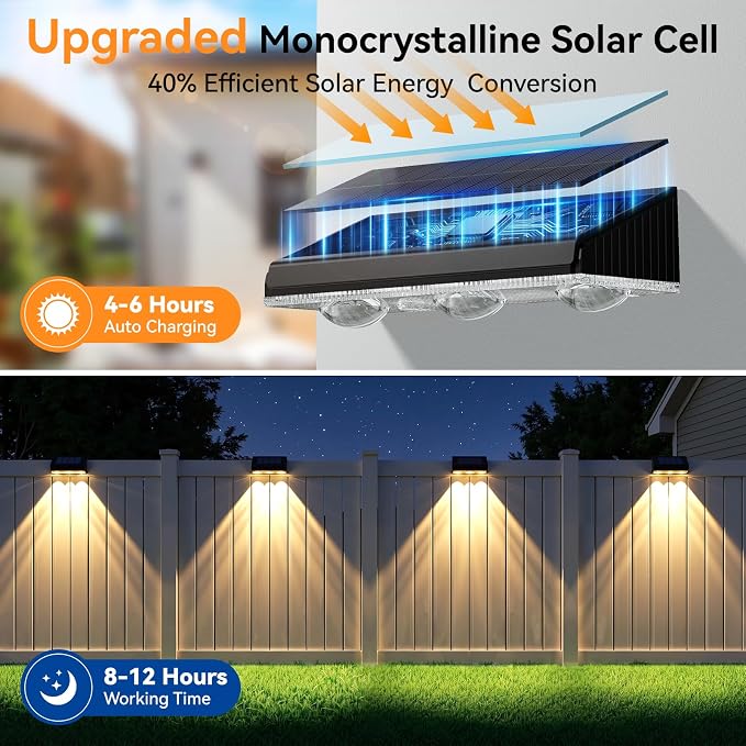Solar Fence Lights Outdoor 12 Pack, Upgraded Brightness 3X LED Lens Fence Lights Solar Powered, 9 Fixed Colors & RGB Lights, IP65 Waterproof Solar Lights for Outside Backyard/Railing/Step/Patio