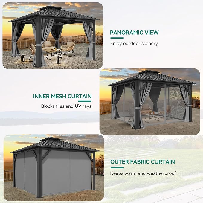 YITAHOME 12x12ft Hardtop Gazebo with Nettings and Curtains | Heavy Duty Double Roof Galvanized Steel Outdoor Combined of Vertical Stripes Roof for Patio, Backyard, Deck, Lawns, Gray