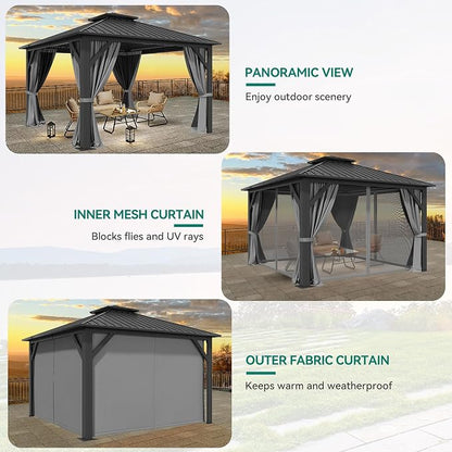 YITAHOME 12x12ft Hardtop Gazebo with Nettings and Curtains | Heavy Duty Double Roof Galvanized Steel Outdoor Combined of Vertical Stripes Roof for Patio, Backyard, Deck, Lawns, Gray