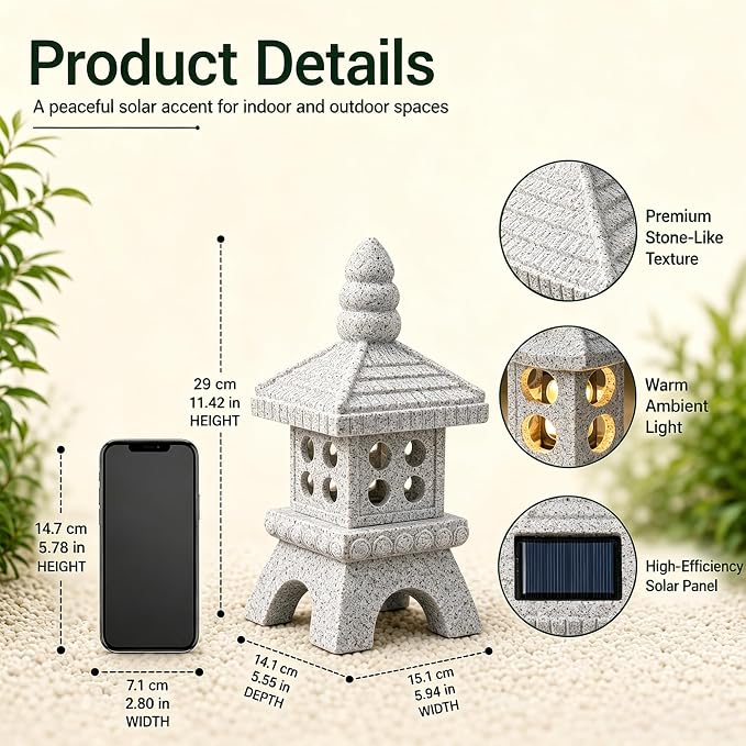 Nacome Solar Pagoda Garden Statues: 11.5 inches Outdoor Weatherproof Resin Zen Decor for Landscape Balcony Patio Porch Yard Ornament(Gray)