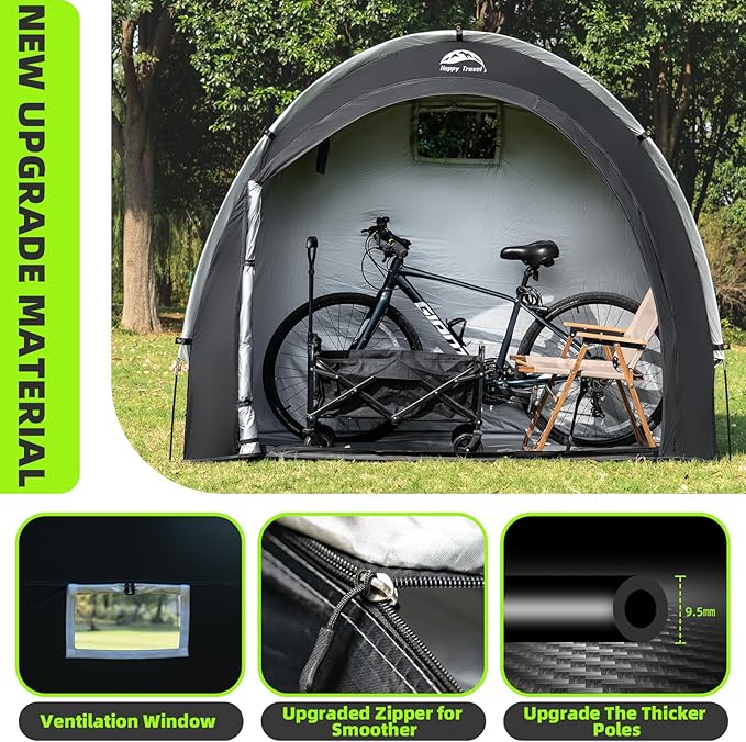 Happy Travel Bike Storage Tent Shed, Outdoor Waterproof Bicycle Covers Shelter with Window for 2/3/4/6/8 Bikes,Oversized Outside Portable Sheds for Lawn Mower,Garden Tools