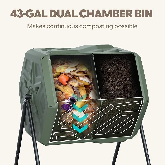 Werph 43 Gal Outdoor Compost Bin for Garden & Kitchen Waste, Grass Green | Fast Assembly, Dual Chamber with Aeration System, 360° Rotating, Tumbling Composting Bin for Kitchen, Garden, Yard