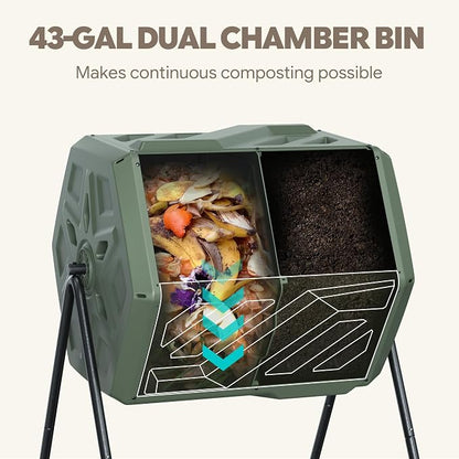 Werph 43 Gal Outdoor Compost Bin for Garden & Kitchen Waste, Grass Green | Fast Assembly, Dual Chamber with Aeration System, 360° Rotating, Tumbling Composting Bin for Kitchen, Garden, Yard