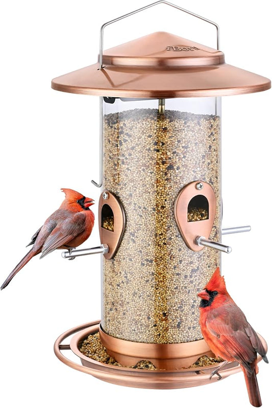 iBorn Metal Bird Feeder for Outside Hanging,Wild Bird Feeders for Cardinal,17.8cm Large Roof&Tray Brushed Copper 10 Port(Seed is not Included)