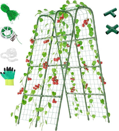 Miory Cucumber Trellis for Raised Bed, Garden Arch Trellis for Climbing Plants Outdoor, Steel with Plastic Coated Plant Support for Vines with Plastic Connector Nylon Netting (32" Lx32 Wx63 H)