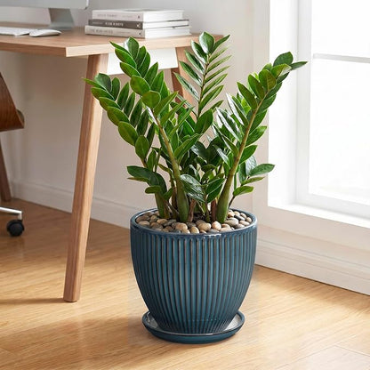 Ceramic Planter, 10 Inch Plant Pot with Drainage Hole and Saucer, Round Planters for Indoor Plants, Decorative Plant Pots, Modern Planter, Living Room Decor, Gifts for Plant Lovers, Retro Blue