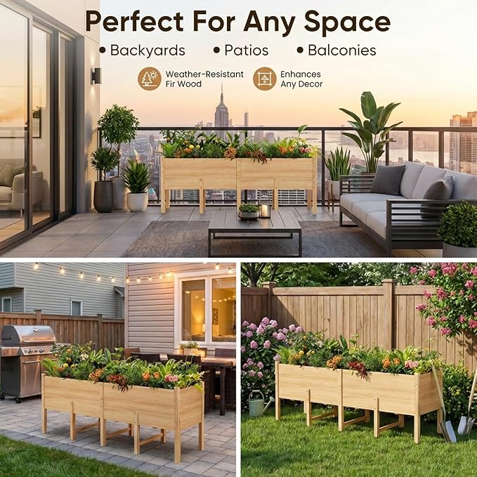 TABU 87x22x32in Raised Garden Bed, Wooden Outdoor Planting Kit, 15In Depth | Ergonomic Elevated Planter Box with Drainage Holes & Legs, Sturdy Structure, for Patio & Backyard Vegetables, Herb, Flower