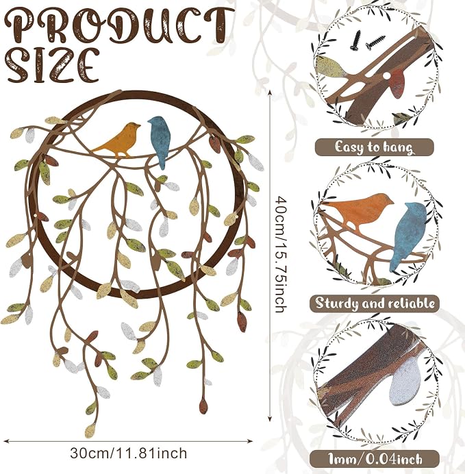 Ferraycle Metal Wall Art Bird on Tree Branch Silhouette with Drooping Vines Bird Art Decor Rustic Metal Spring Decor for Living Room Outdoor Garden Porch Wall Housewarming Party Gift(Classic Color)