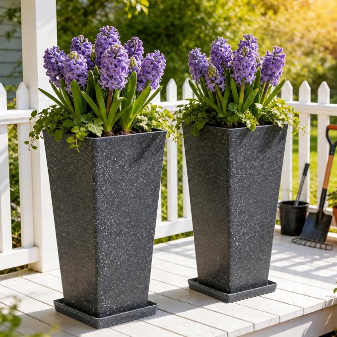 Autodaya 28" Oversized Black Terrazzo-Look PP Tall Planters Set of 2 | Lightweight PP Pots With Drainage Hole for Indoor and Outdoor Plants, Patio, Garden, Porch, Living Room, or Gifting
