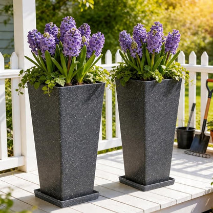 Autodaya 28" Oversized Black Terrazzo-Look PP Tall Planters Set of 2 | Lightweight PP Pots With Drainage Hole for Indoor and Outdoor Plants, Patio, Garden, Porch, Living Room, or Gifting