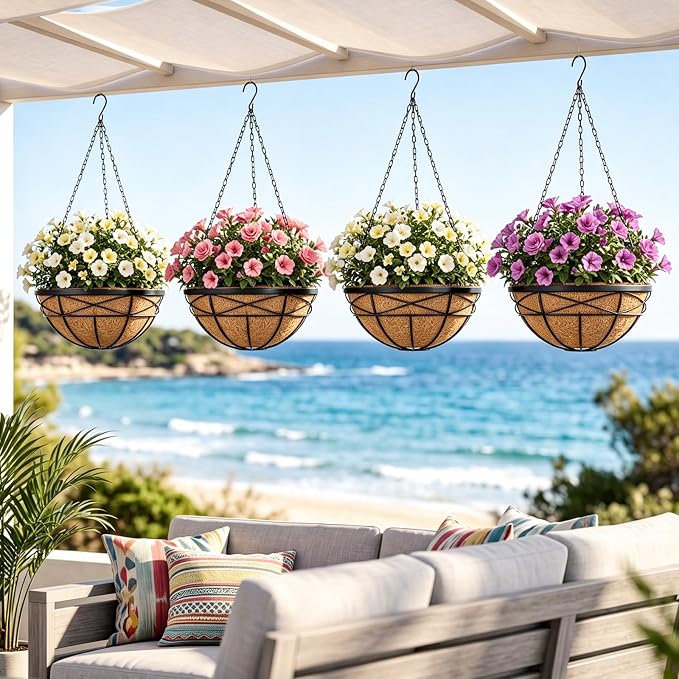 2 Pack 18 Inch Extra Large Deep Hanging Baskets for Plants Outdoor Metal Hanging Planters Flower Pots with Coco Liners Black Hanging Plant Holder for Porch Balcony Garden Planting