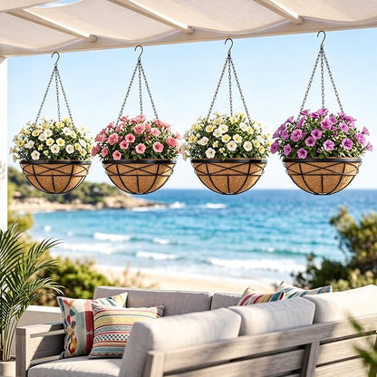 2 Pack 18 Inch Extra Large Deep Hanging Baskets for Plants Outdoor Metal Hanging Planters Flower Pots with Coco Liners Black Hanging Plant Holder for Porch Balcony Garden Planting