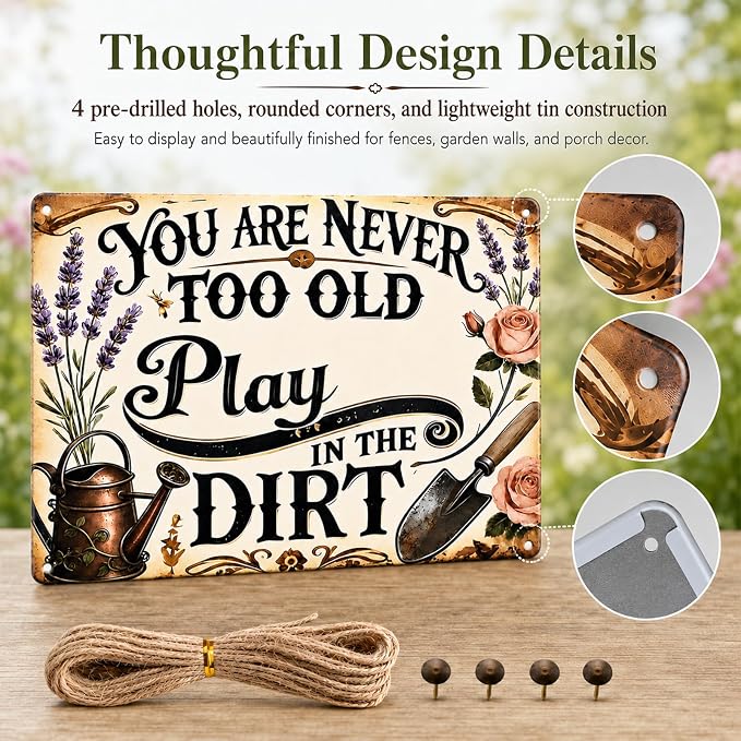 Vintage Garden Metal Sign, Funny Tin Wall Decor 8x12 In | vintage garden sign with rope, 4 pins and corner holes for patio, porch, fence, greenhouse and wall decor