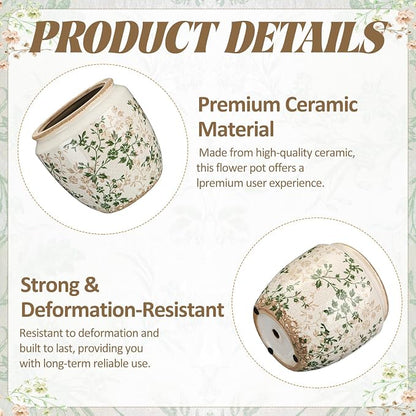 LemonRoad 7 Inch Large Vintage Ceramic Planter with Drainage Holes Ice Crackle Flower Vase Flower Pot with Rustic Greenery Pattern for Indoor Outdoor Plants Garden Home Kitchen Office Shelf Decor