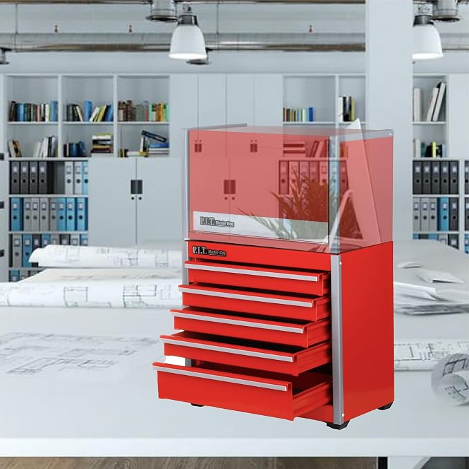 P.I.T. Mini Steel Tool Box,3 Drawer and 5 Drawer Stackable Toolbox with Magnetic Tab Locking,Red