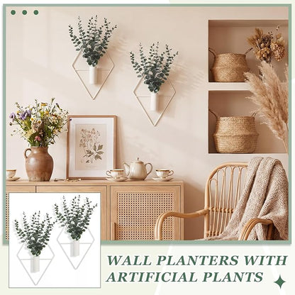 Jexine Hanging Planters with Artificial Eucalyptus Metal Hanging Vase Indoor Plants Holder Modern Geometric Boho Bathroom Wall Decor for Living Room Home Office(Eucalyptus,Matte White,4 Pcs)